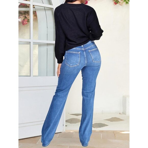 Women's Wide Leg Jeans Stretchy Denim Casual Mid Rise Straight Leg Pants - Picture 7 of 7